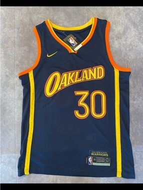 Nike Navy Oakland #30 Curry Basketball Jersey with Yellow and Orange Trim